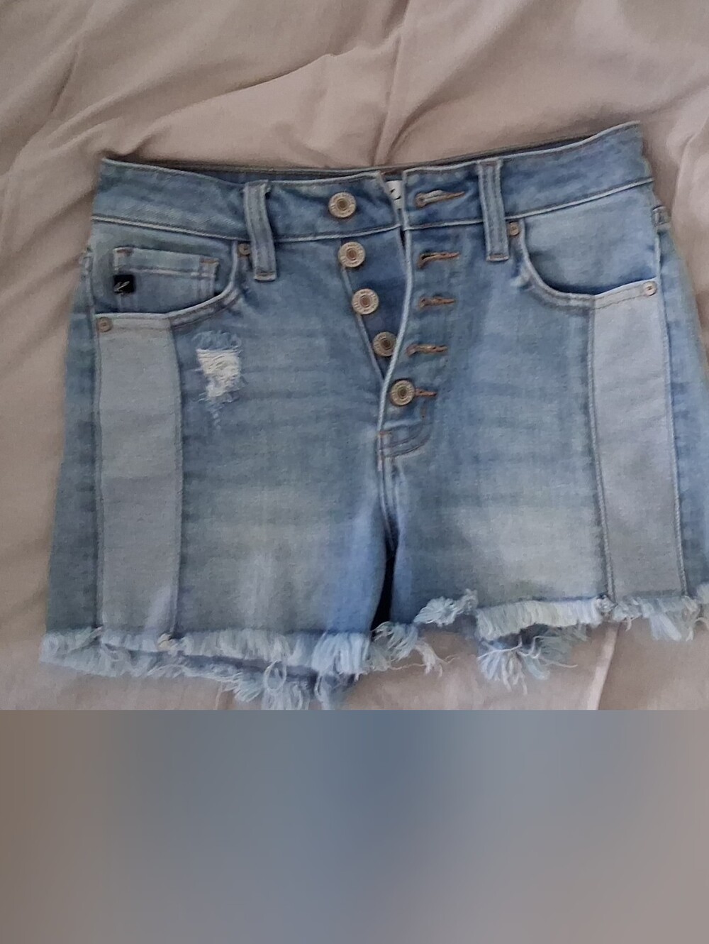 KanCan Light Blue High-Waist Button Fly Frayed Hem Shorts